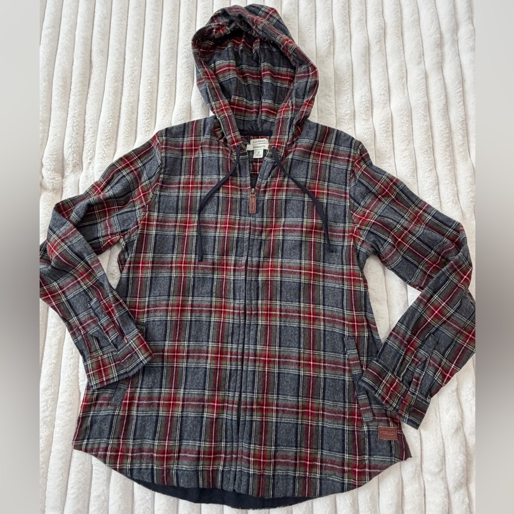L.L. Bean Red, Green & Gray Plaid Hooded Jacket